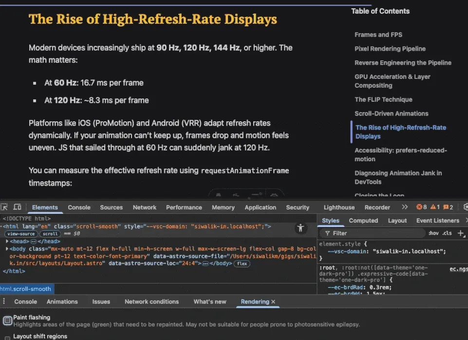 DevTools paint flashing overlay example