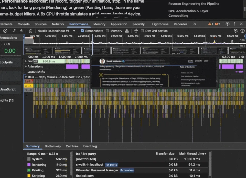 DevTools Performance panel flame chart showing rendering and paint bars